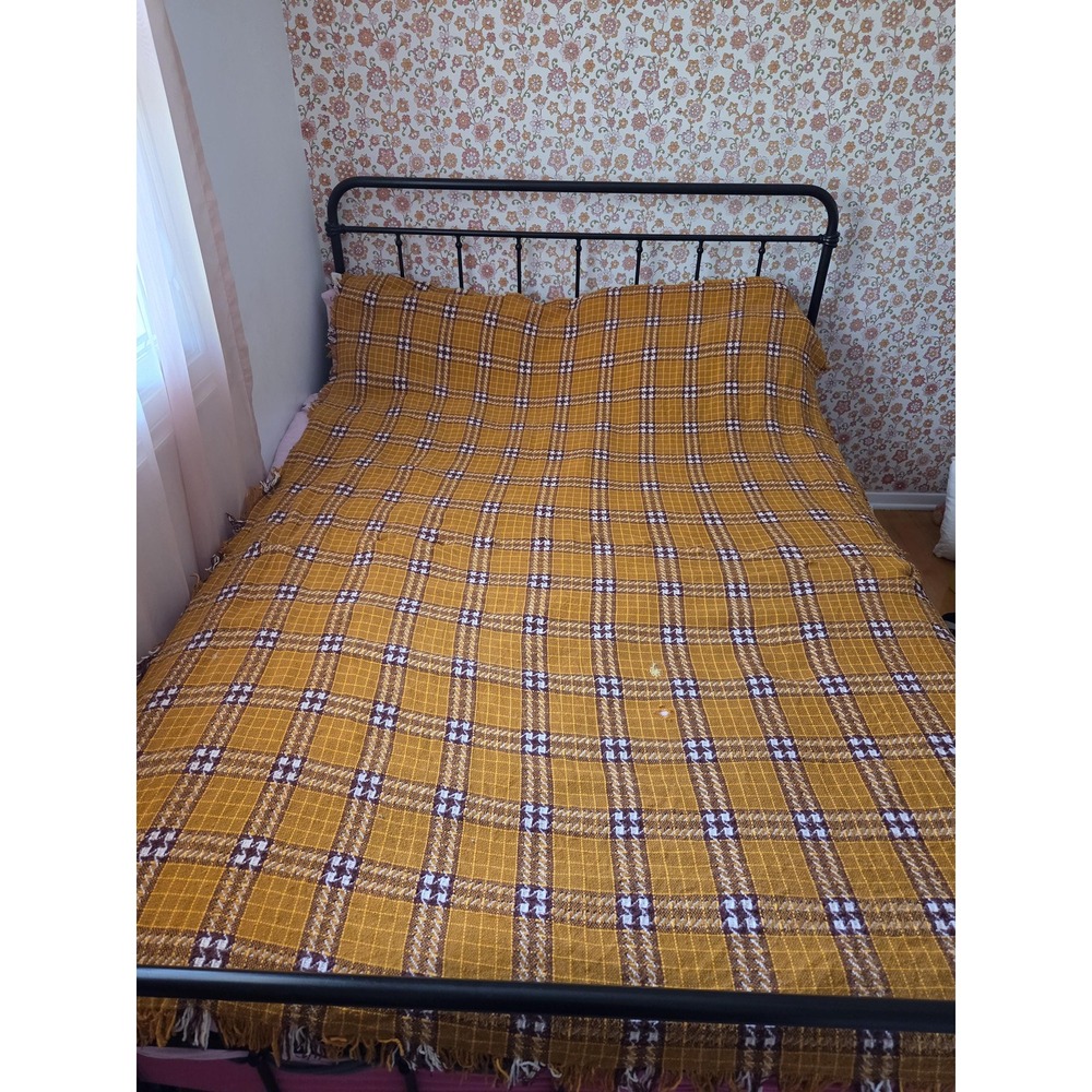 Vintage Japanese Bedspread 100% Spun Rayon Plaid Mustard Brown 64x87